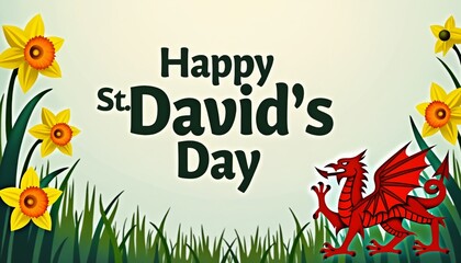 Happy St. David's Day greeting with daffodils and Welsh dragon