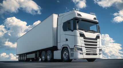 Modern Truck on the Road Against a Blue Sky with White Clouds