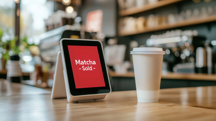 digital order screen displaying Matcha Sold in cafe with coffee cup nearby