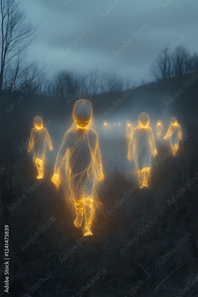 Poster glowing ethereal figures walking through misty dark forest at dusk, creating mysterious atmospheric 