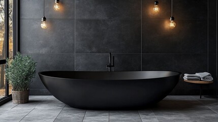 Modern black bathtub in dark bathroom, forest view