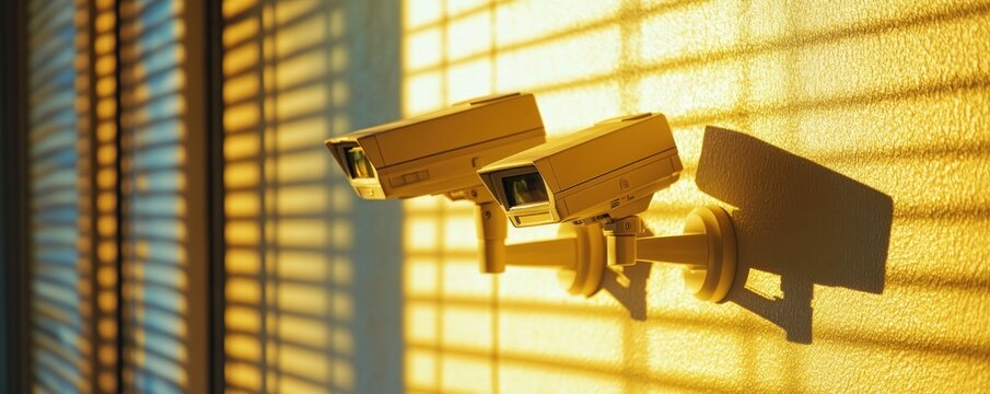 Two security cameras mounted on wall near blinds, sunlit