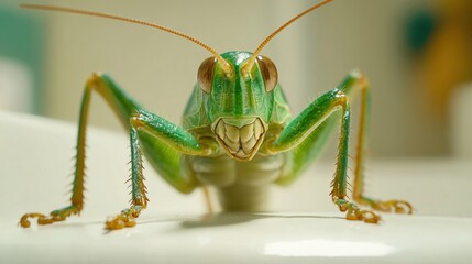 Fototapeta premium Close-up View of Green Grasshopper with Intricate Details and Texture