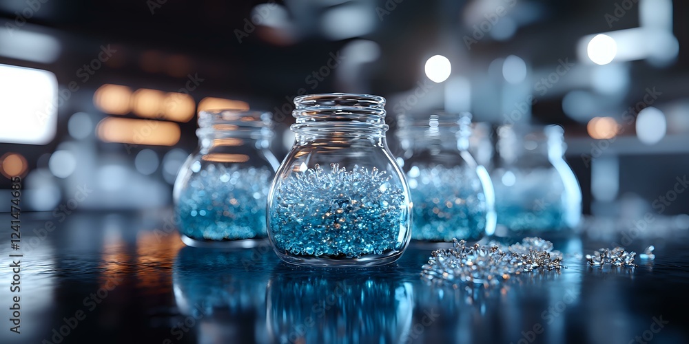 Poster glass jars filled with luminous blue crystals on dark reflective surface, creating magical atmospher
