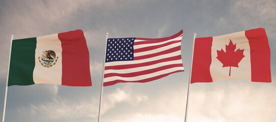 Relations between the countries of Mexico, the United States of America USA, and Canada represented by the concept of three flags waving against a backdrop of a cloudy sky tariffs.3D RENDER.