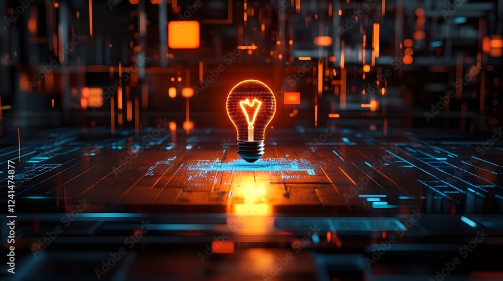 Poster bright light bulb illuminating digital circuit in futuristic space
