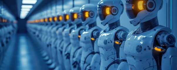 Obraz premium Robots lined up in factory; AI production