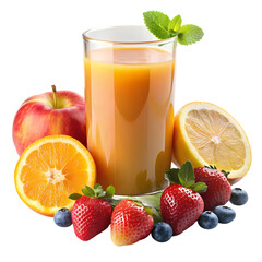 Fototapeta premium Refreshing mixed fruit juice with apple orange lemon and strawberries red on transparent background