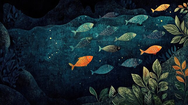 The traditional Gond folk art of India, with its bright hues and detailed fish motifs, is displayed on a textured background