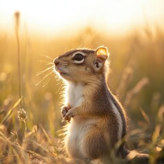 A small rodent, possibly a chipmunk, stands on its hind legs in a sunlit field, bathed in the golden hour light.