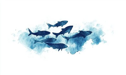 Groups of fish silhouettes rendered in watercolor on a white canvas