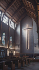 Fototapeta premium Interior de iglesia con gran cruz iluminada ambiente calmado lleno de paz.
