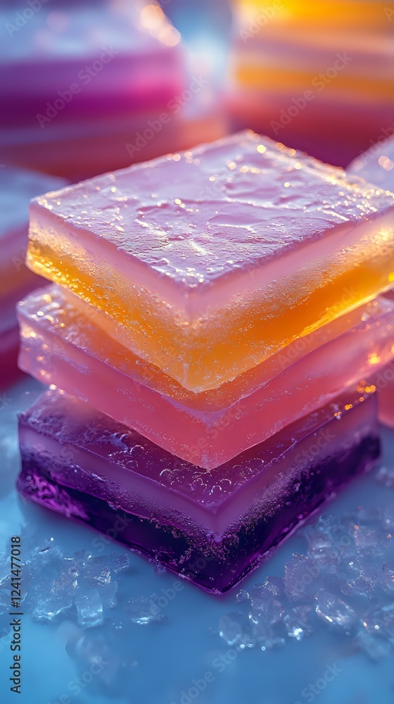 Poster colorful layered soap bars stacked in gradient from purple to orange on ice crystals background with