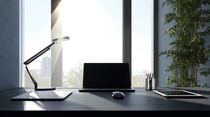 A minimalist desk setup with a laptop, a digital tablet, a sleek wireless mouse, and an adjustable desk lamp, with sunlight streaming through a large glass window.