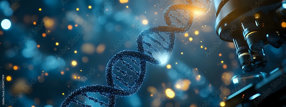 Poster glowing dna molecule structure with microscope in dark blue laboratory background with bokeh light e