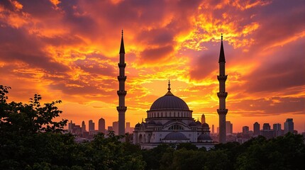 Obraz premium Majestic Mosque at Sunset with Grand Dome and Minarets Silhouetted Against Vibrant Sky, Framed by Lush Greenery and a Modern City Skyline in the Background