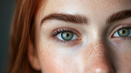 Fototapeta premium Freckled redhead's green eyes closeup, beauty, studio