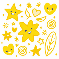 Hand-Drawn Doodles with Yellow Stars, Hearts, and Smiley Faces in Playful Sketchy Style