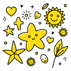 Hand-Drawn Doodles with Yellow Stars, Hearts, and Smiley Faces in Playful Sketchy Style