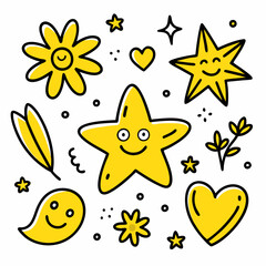 Hand-Drawn Doodles with Yellow Stars, Hearts, and Smiley Faces in Playful Sketchy Style