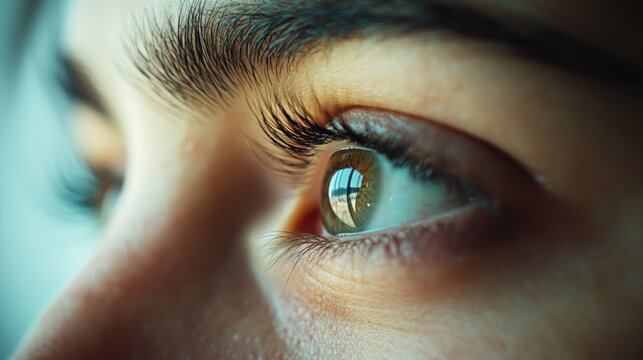 Fototapeta Woman's eye reflecting cityscape, window view, close-up, hope