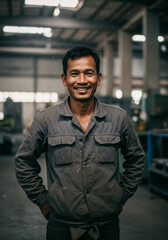 Naklejka premium Happy Factory Worker in Industrial Environment