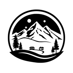 Majestic Mountain Landscape at Night: A Serene Night Scene with Stars, Trees, and Cozy Cottages Nestled in a Picturesque Valley