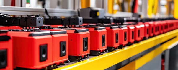 Red devices on factory conveyor belt