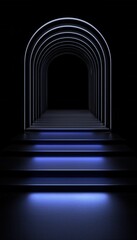 Fototapeta premium A modern illuminated hallway with arched structures leading to a dark space, creating a mysterious atmosphere.