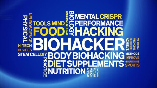 Biohacker animated word cloud;text design animation tag kinetic typography seamless loop.