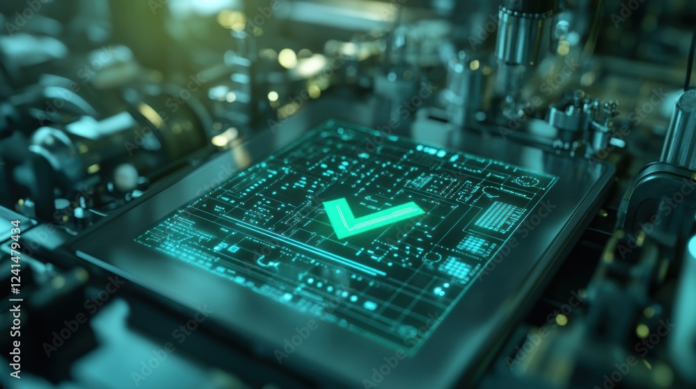 Poster futuristic interface displaying a bright green checkmark. symbolizing successful quality control wit