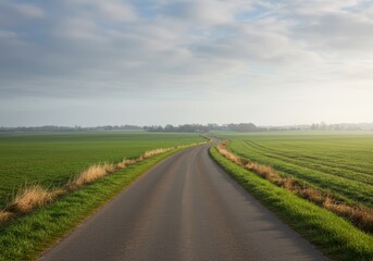 Serene Country Road Winding Through Lush Green Fields