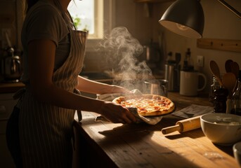 Woman Presenting Homemade Pepperoni Pizza in Kitchen