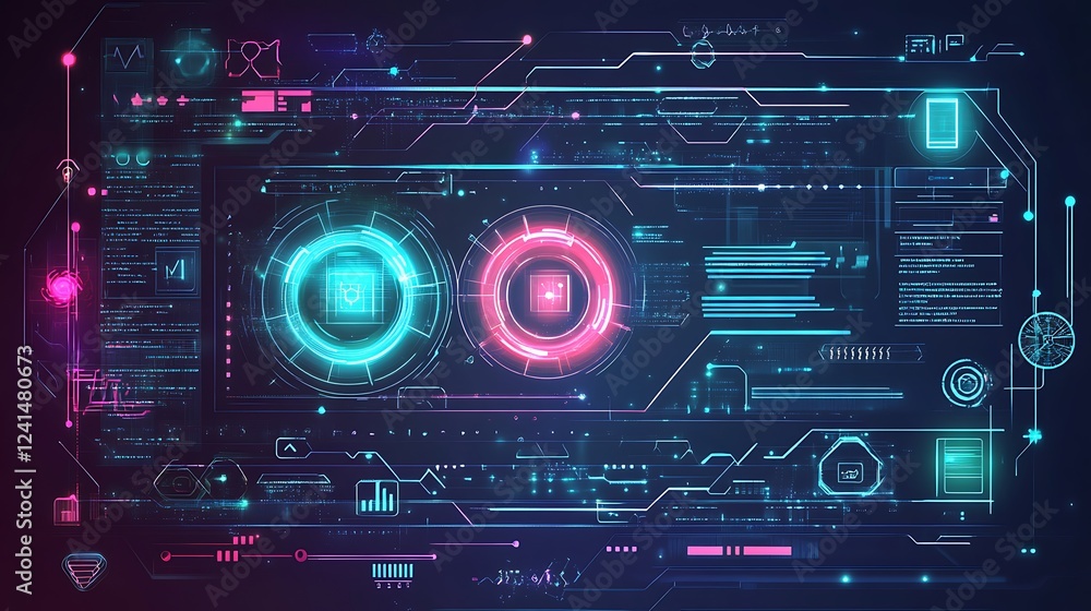 Poster a futuristic digital interface with floating holographic data, neon lines, and circuit patterns, rep