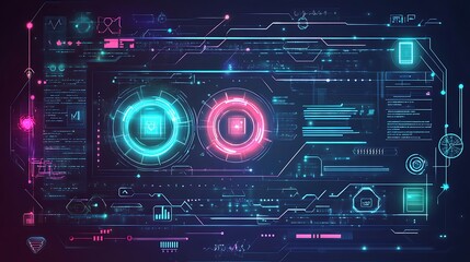 Fototapeta premium A futuristic digital interface with floating holographic data, neon lines, and circuit patterns, representing a connected digital world