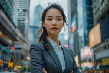 successful businesswoman with dynamic city life and tall buildings in the background