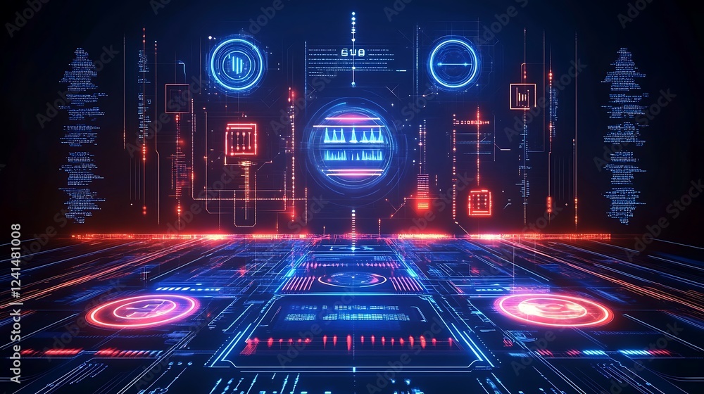 Poster a futuristic digital interface with floating holographic data, neon lines, and circuit patterns, rep