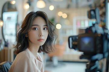 Hairstylist-blogger filming a hair coloring tutorial, sharing professional tips in a stylish setting