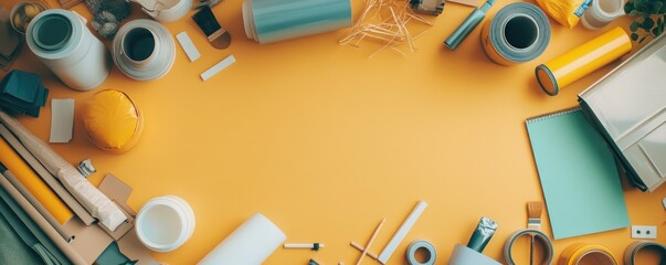 Obraz premium Construction materials surround yellow background; safety helmet, website banner