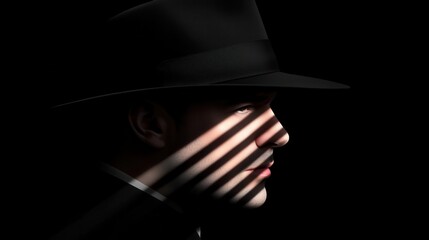 A mysterious man in a dark environment, wearing a hat, with light casting intriguing shadows on his face.