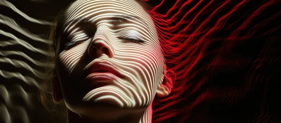 Serene woman, light patterns, red backdrop, beauty