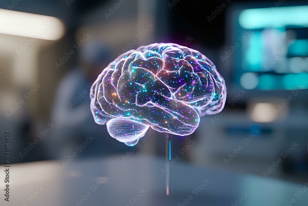 Poster glowing holographic brain model with colorful neural connections floating in dark space, showcasing 