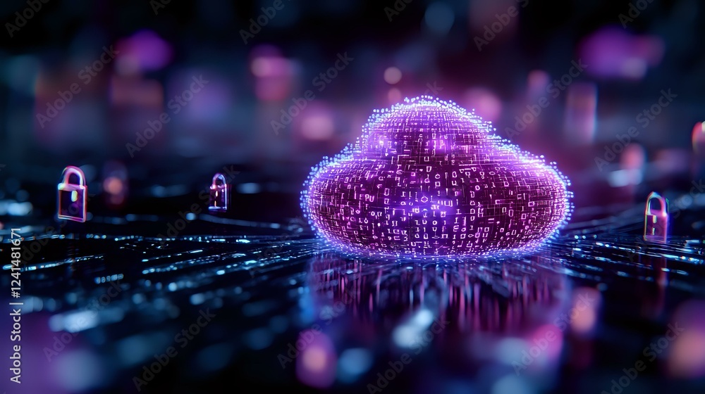 Poster glowing purple cloud computing concept with digital network connections and lock icons on dark backg