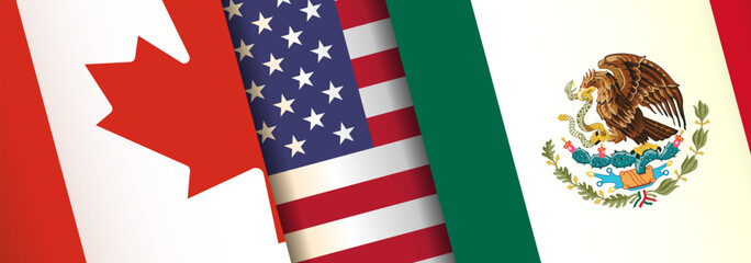  Mexico U.S. Canada flags banner, background. Partnership, trade, economic, border relationship between countries