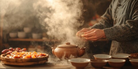 Adult Caucasian man preparing traditional tea ceremony with steaming teapot and dried fruit in cozy setting