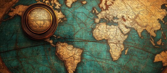 Naklejka premium Antique globe on world map; travel, exploration background