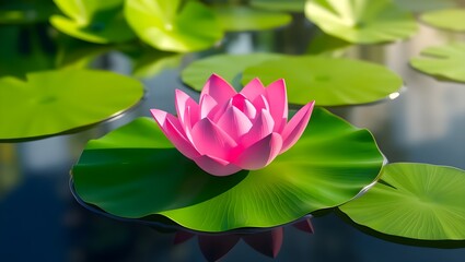 A serene 3D render of a lotus flower floating on water, surrounded by vibrant green leaves