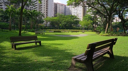 Tranquil park benches, green lawn, city backdrop, sunny day, relaxation