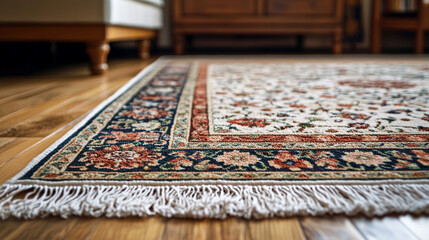 Intricate handmade Persian rug displaying floral patterns in vibrant colors on a polished wooden floor in a well-lit room