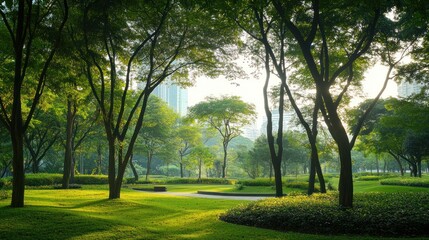 Obraz premium Sunlit urban park trees, morning mist, cityscape backdrop; serene nature